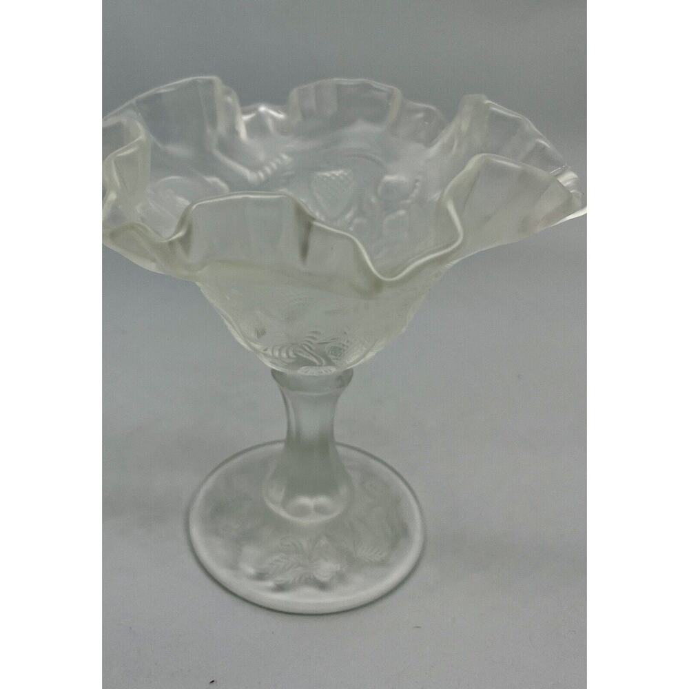 Vintage Fenton Ruffled Strawberry Compote Candy Dish Frosted